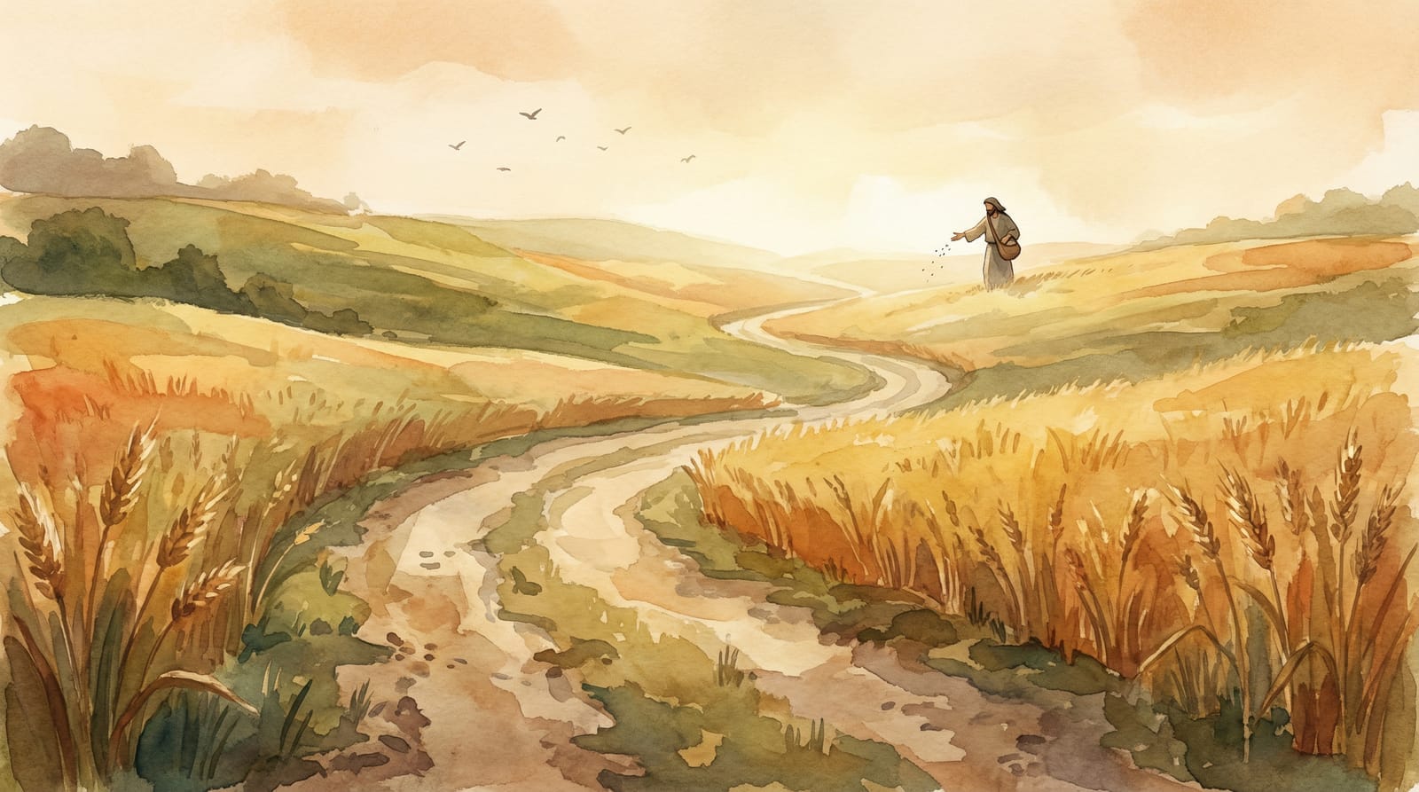 Grace Nuggets — watercolor illustration of a sower on a dusty path through golden wheat fields