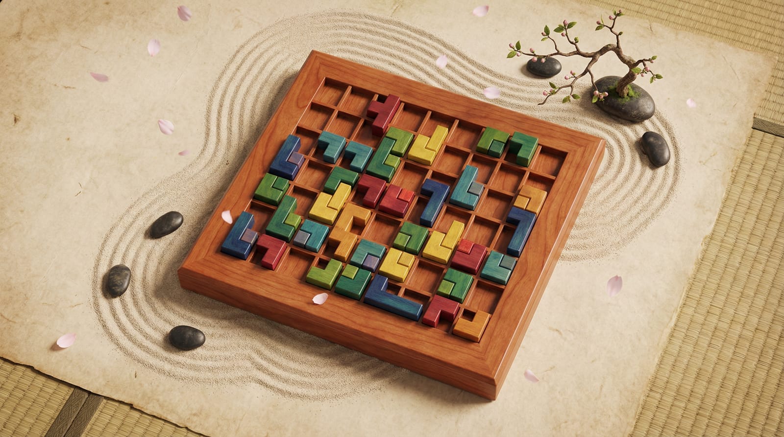Kaidoku — a wooden 9x9 puzzle grid with colorful block pieces in a zen garden setting