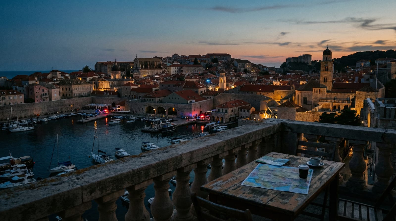 The Powers That Be — a Mediterranean harbor city at dusk with emergency lights