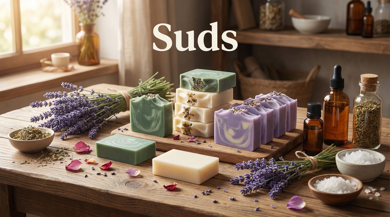 Suds — artisanal soap bars with botanical ingredients and essential oils in a warm workshop