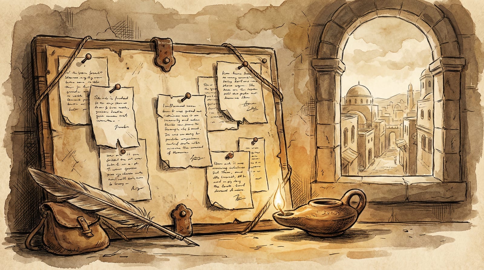 The Chronicle — an evidence board with testimony fragments, quill, and oil lamp