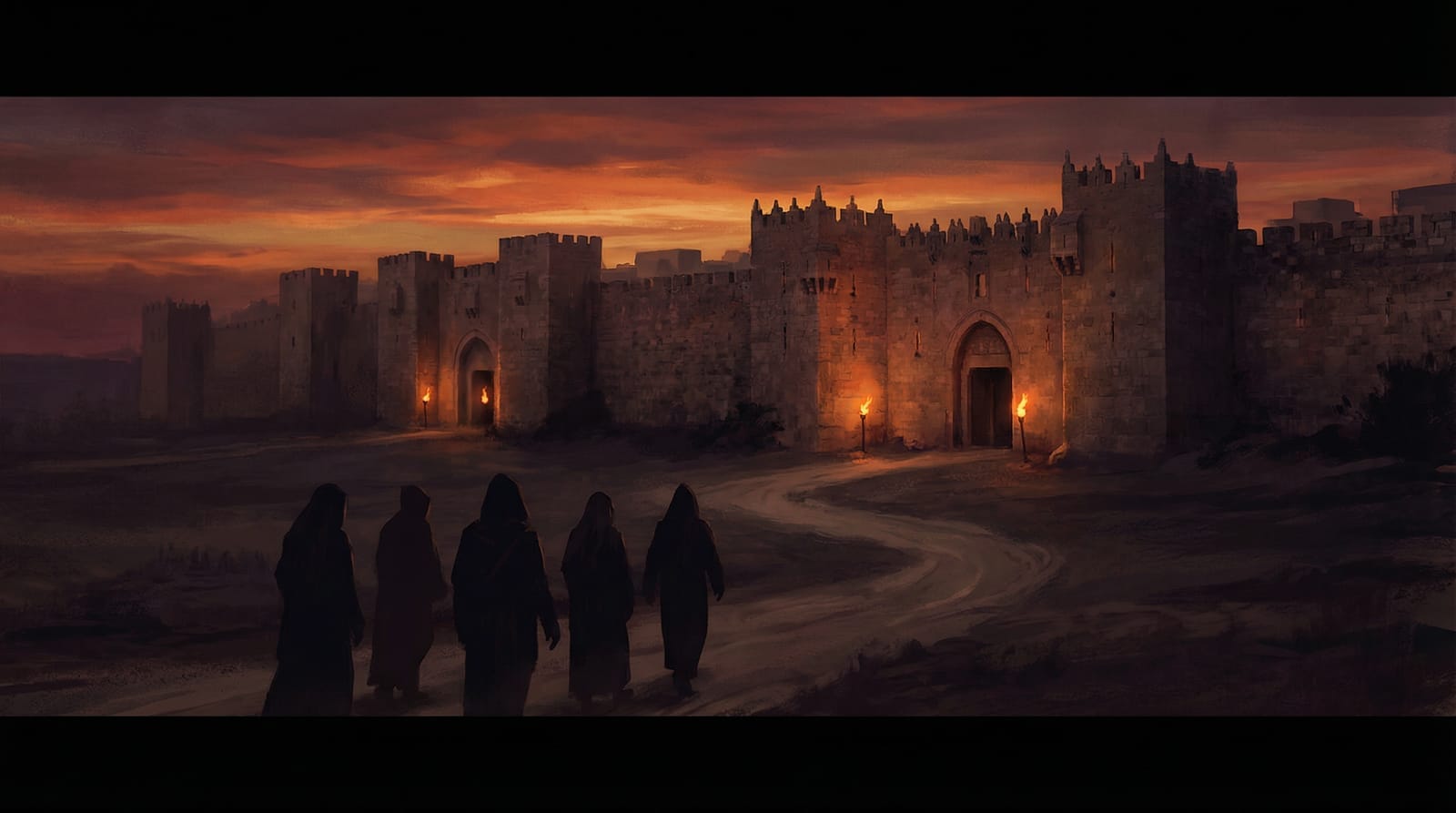 The Last Week — five silhouetted figures converging on ancient Jerusalem at sunset